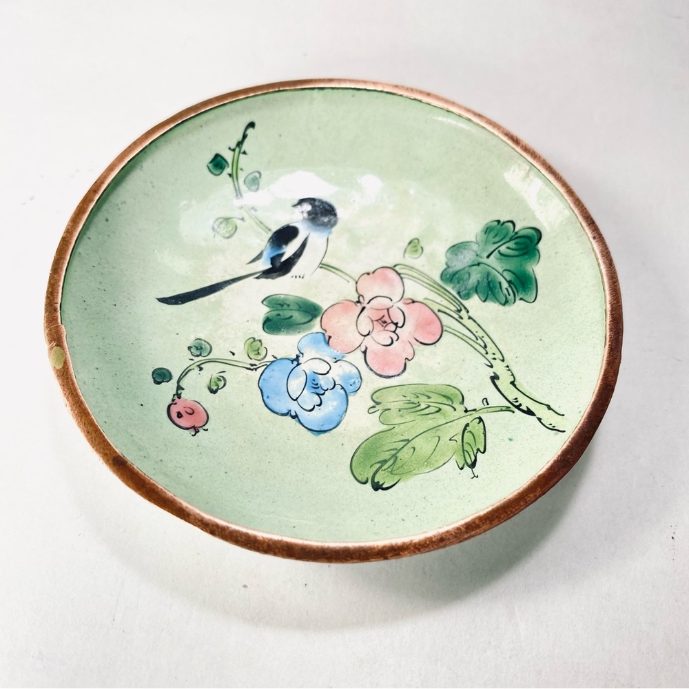 Painted Enamel Bird Floral Branch Brass Small Trinket Plate Dish